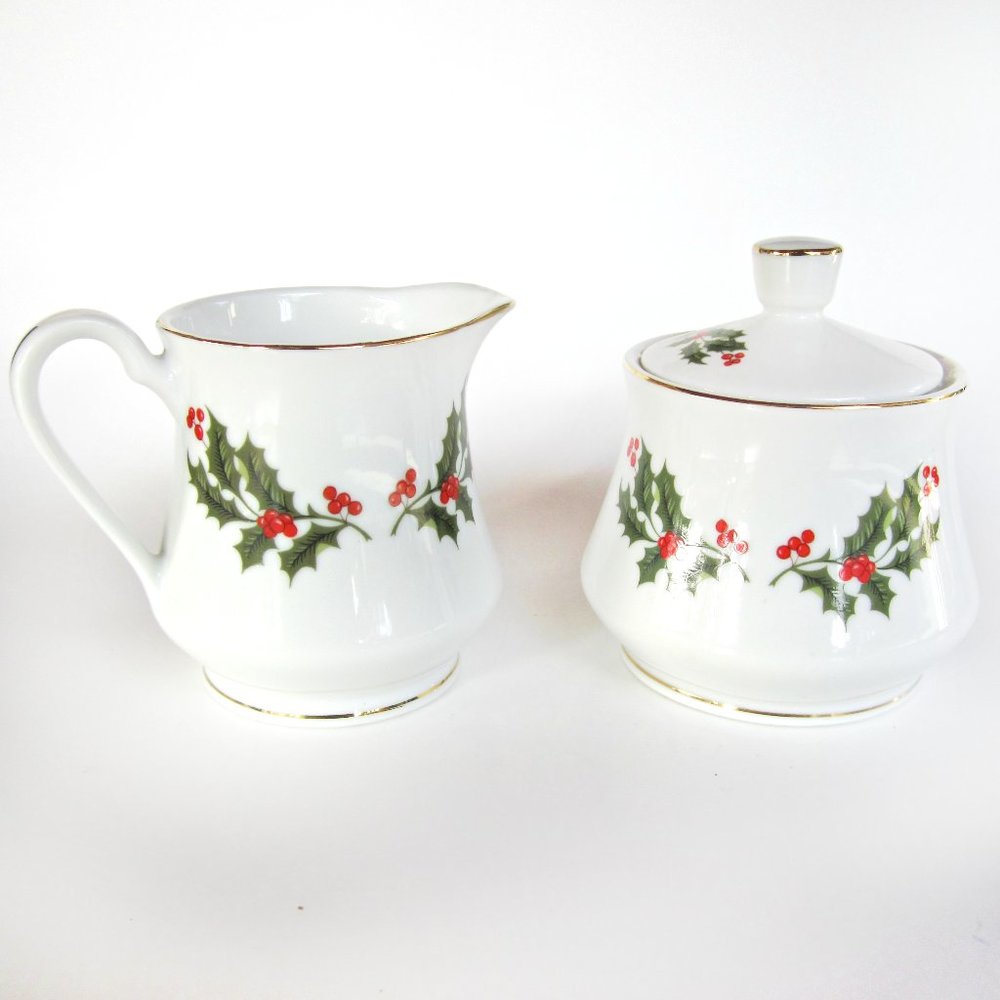 Kashima Porcelain Cream Sugar Christmas Holly Gold